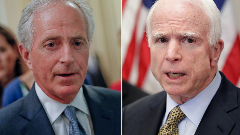 Sen. Bob Corker, R-Tenn., speaks to members of the media, May 2, 2017, on Capitol Hill.Sen. John McCain, R-Ariz., speaks on April 18, 2017, at a CVS "MinuteClinic" in Tempe, Ariz.