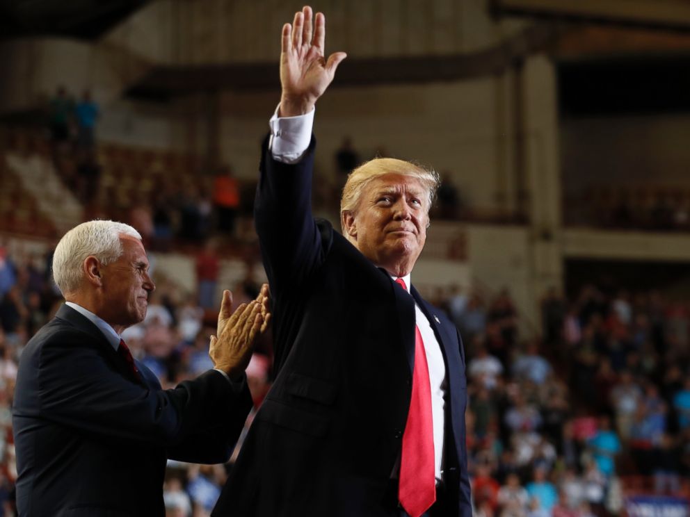 PHOTO: President Donald Trump, joined by Vice President Mike Pence, waves as he arrives to speak at the Pennsylvania Farm Show Complex and Expo Center in Harrisburg, Pennsylvania, April, 29, 2017.