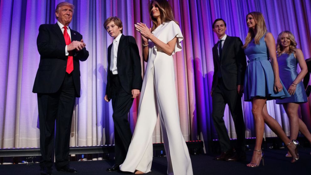 PHOTO: Melania Trump (center) arrives on stage, Nov. 9, 2016, on election night in New York.