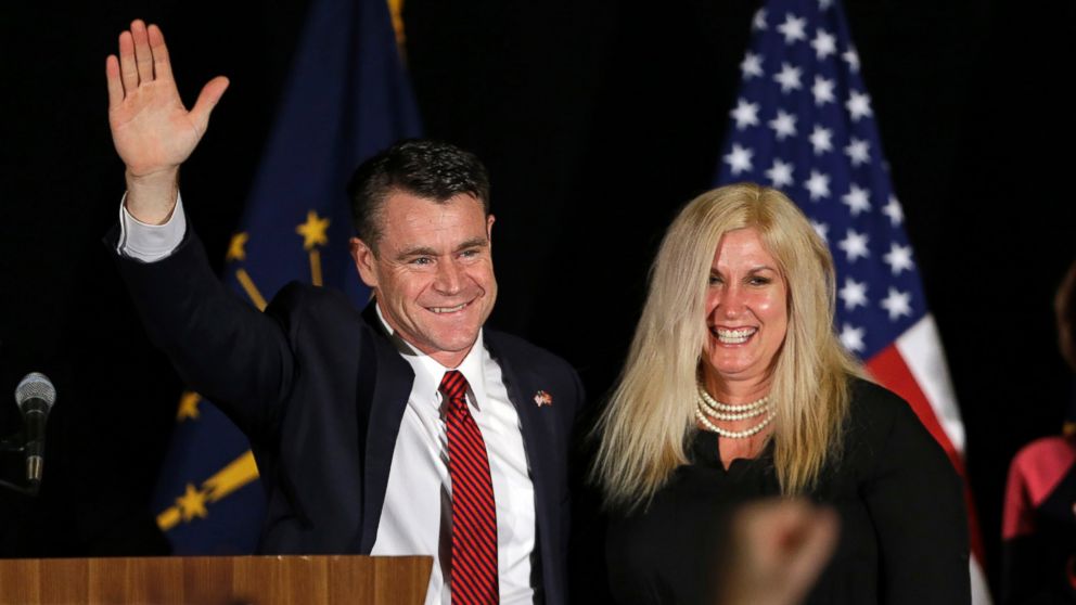 Todd Young, accompanied by his wife Jenny, celebrates beating Evan Bayh for a seat in the Indiana senate at an election night rally in Indianapolis, Nov. 8, 2016.