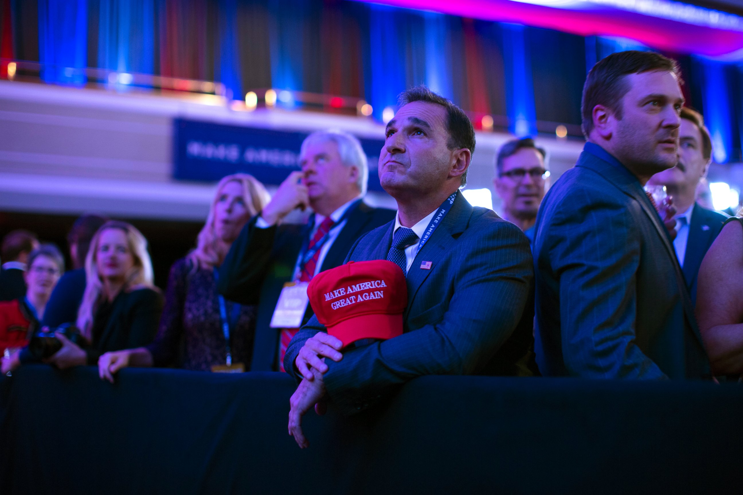 PHOTO: Supporters of Republican presidential candidate Donald Trump watch election results during an election night rally, Nov. 8, 2016, in New York.
