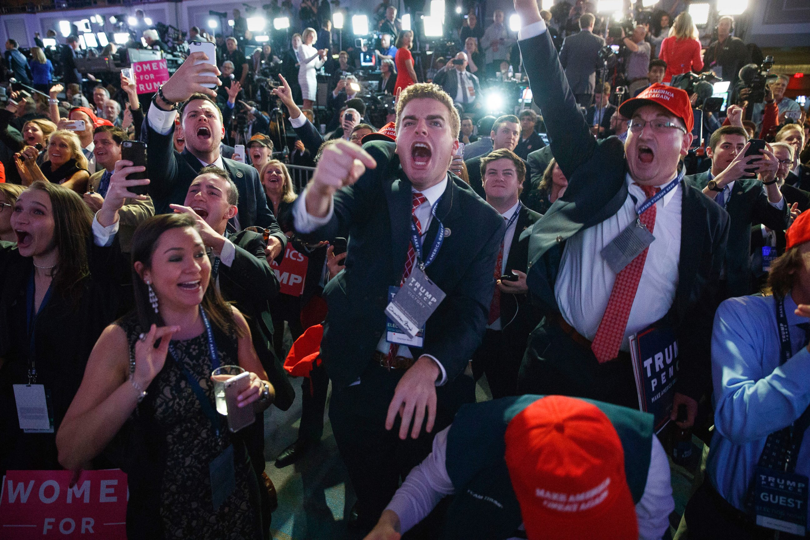 PHOTO: Supporters of Donald Trump cheer as they watch election returns, Nov. 8, 2016, in New York. 