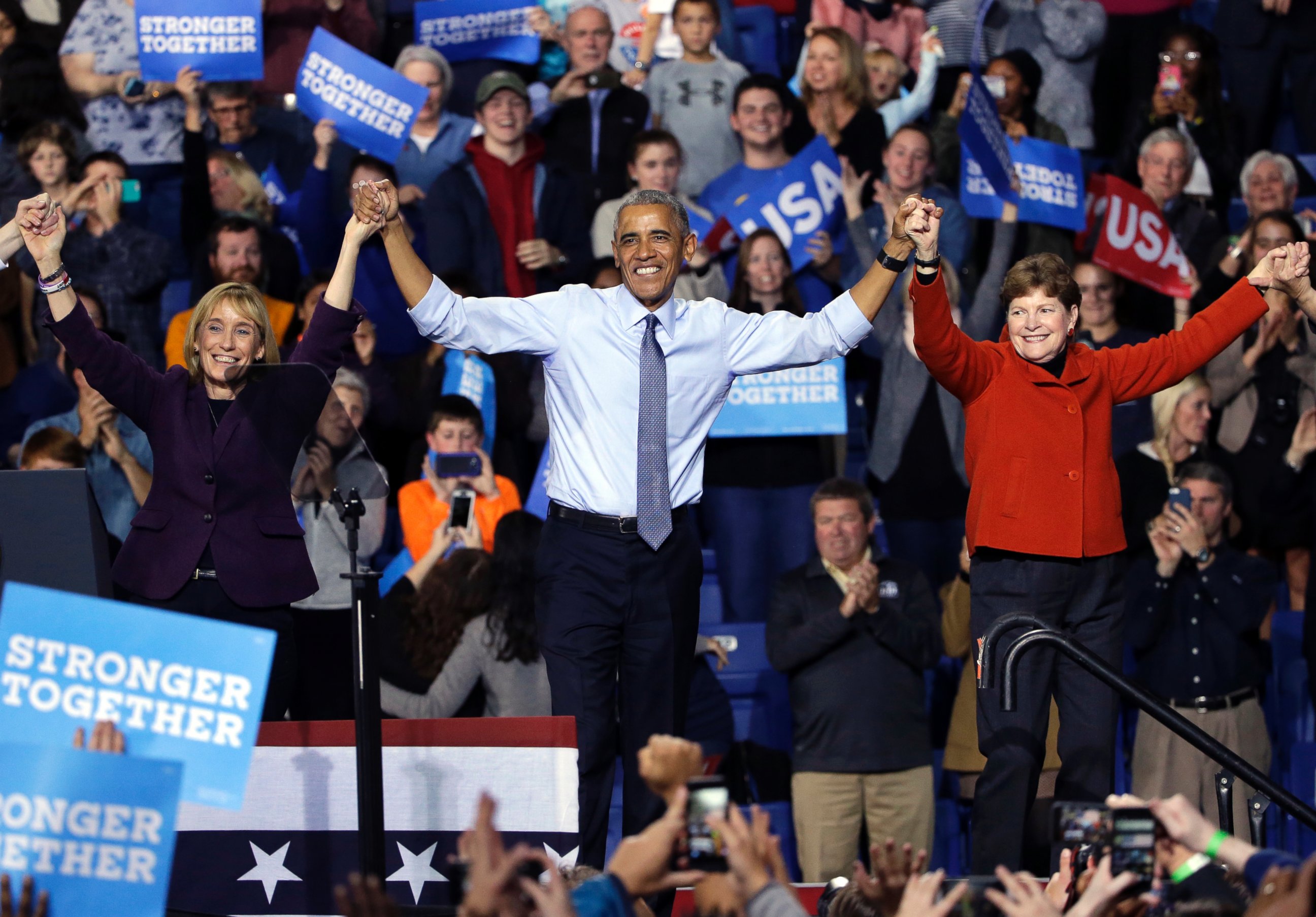 PHOTO: President Barack Obama clasps hands with Democratic candidate for senator Maggie Hassan and Sen. Jeanne Shaheen at an event for Democratic presidential candidate Hillary Clinton at the University of New Hampshire, Nov. 7, 2016, in Durham, N.H.