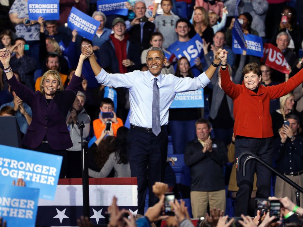 PHOTO: President Barack Obama clasps hands with Democratic candidate for senator Maggie Hassan and Sen. Jeanne Shaheen at an event for Democratic presidential candidate Hillary Clinton at the University of New Hampshire, Nov. 7, 2016, in Durham, N.H.