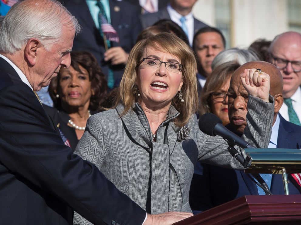 Former Rep. Gabby Giffords of Arizona who survived an assassination attempt in 2011, joins Democrats in a call for action on gun safety Wednesday morning after the deadly mass shooting in Las Vegas, at the Capitol in Washington, Wednesday, Oct. 4, 2017.