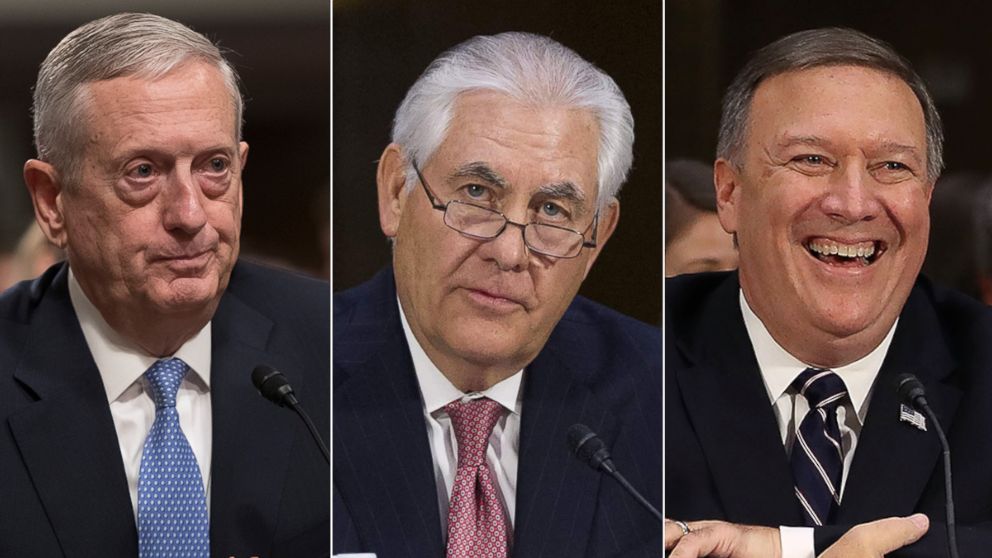 Defense Secretary-designate James Mattis prepares to testify on Capitol Hill in Washington, Jan. 12, 2017, at his confirmation hearing before the Senate Armed Services Committee. Former ExxonMobil executive Rex Tillerson testifies during his confirmation hearing for Secretary of State before the Senate Foreign Relations Committee on Capitol Hill in Washington, Jan. 11, 2017.  Rep. Mike Pompeo (R-KS) attends his confirmation hearing before the Senate (Select) Intelligence Committee, Jan. 12, 2017 in Washington.
