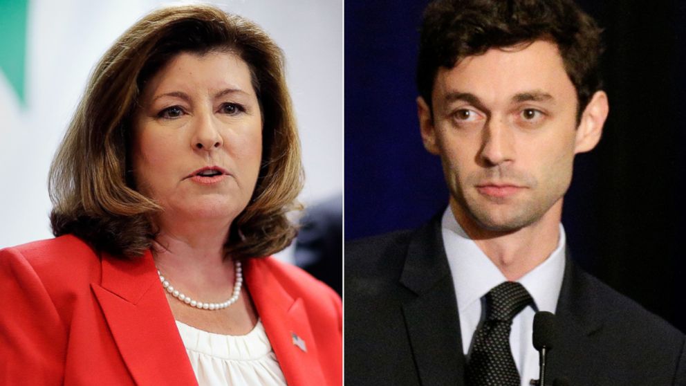 Republican candidate for Georgia's Sixth Congressional seat Karen Handel, left, and the Democratic candidate, Jon Ossoff, right. 