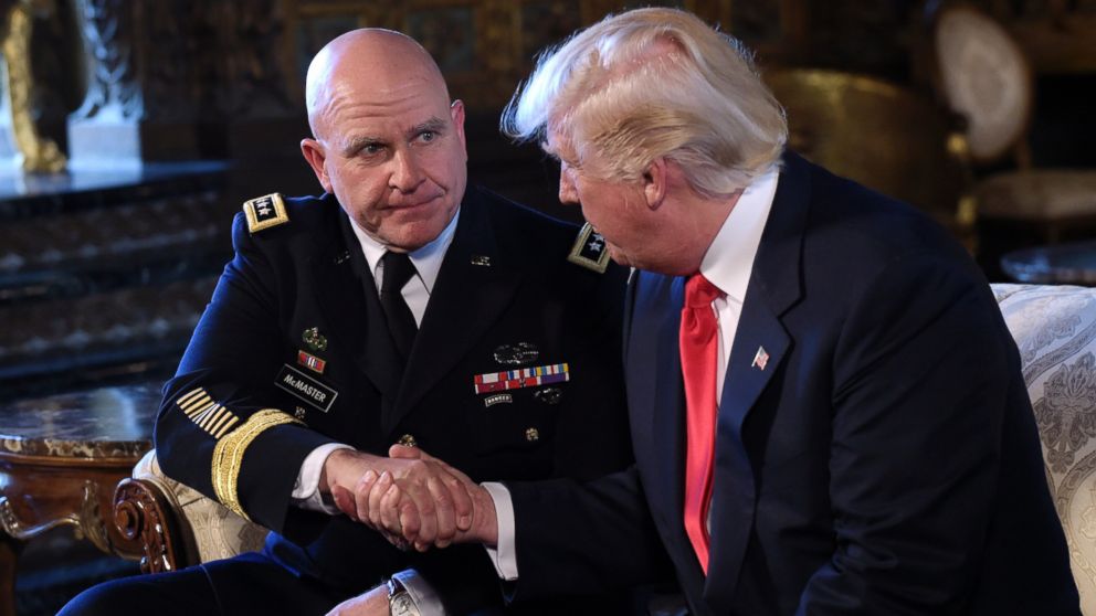 President Donald Trump shakes hands with Army Lt. Gen. H.R. McMaster at Trump's Mar-a-Lago estate in Palm Beach, Fla., Feb. 20, 2017, where he announced that McMaster will be the new national security adviser.