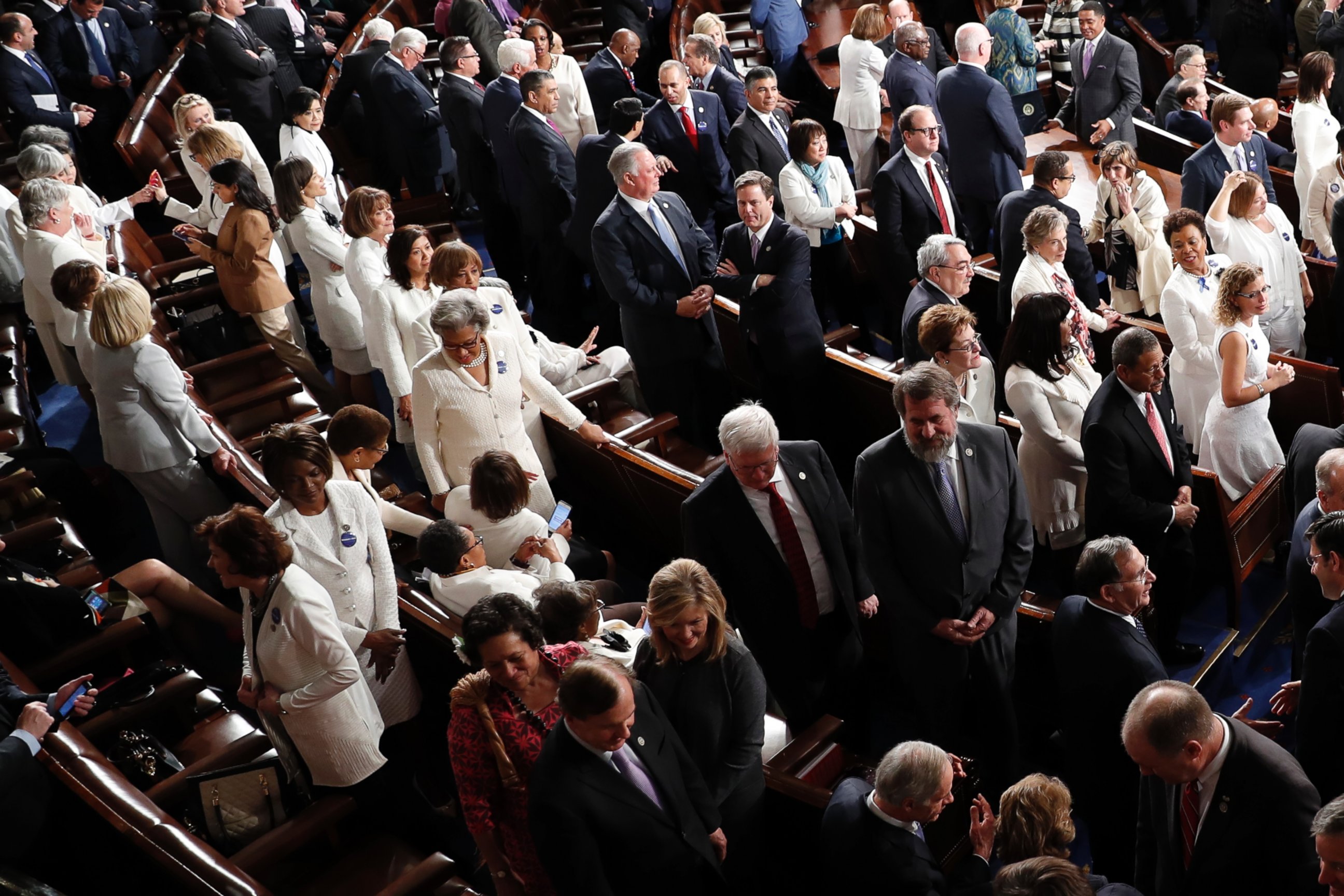 PHOTO: House Democratic Congresswomen, wearing white, take their seats on Capitol Hill in Washington, Feb. 28, 2017, before President Donald Trump's speech to a joint session of Congress.