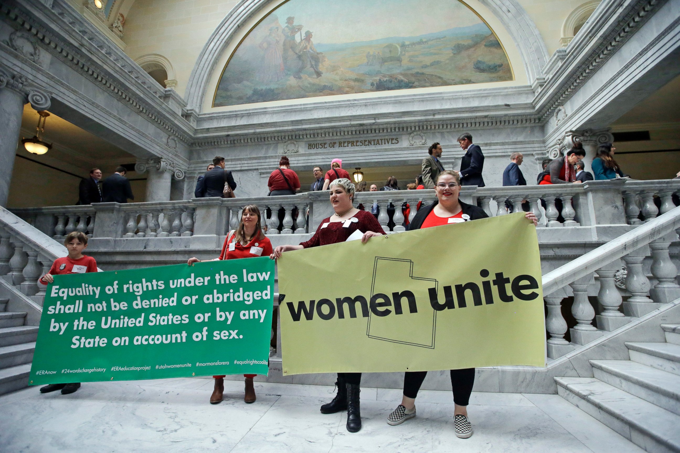 PHOTO: Women protests outside the House of Representatives at the Utah state capitol for a Day Without a Woman protest to remind legislators they're closely watching how they handle women's issues Wednesday, March 8, 2017, in Salt Lake City. 