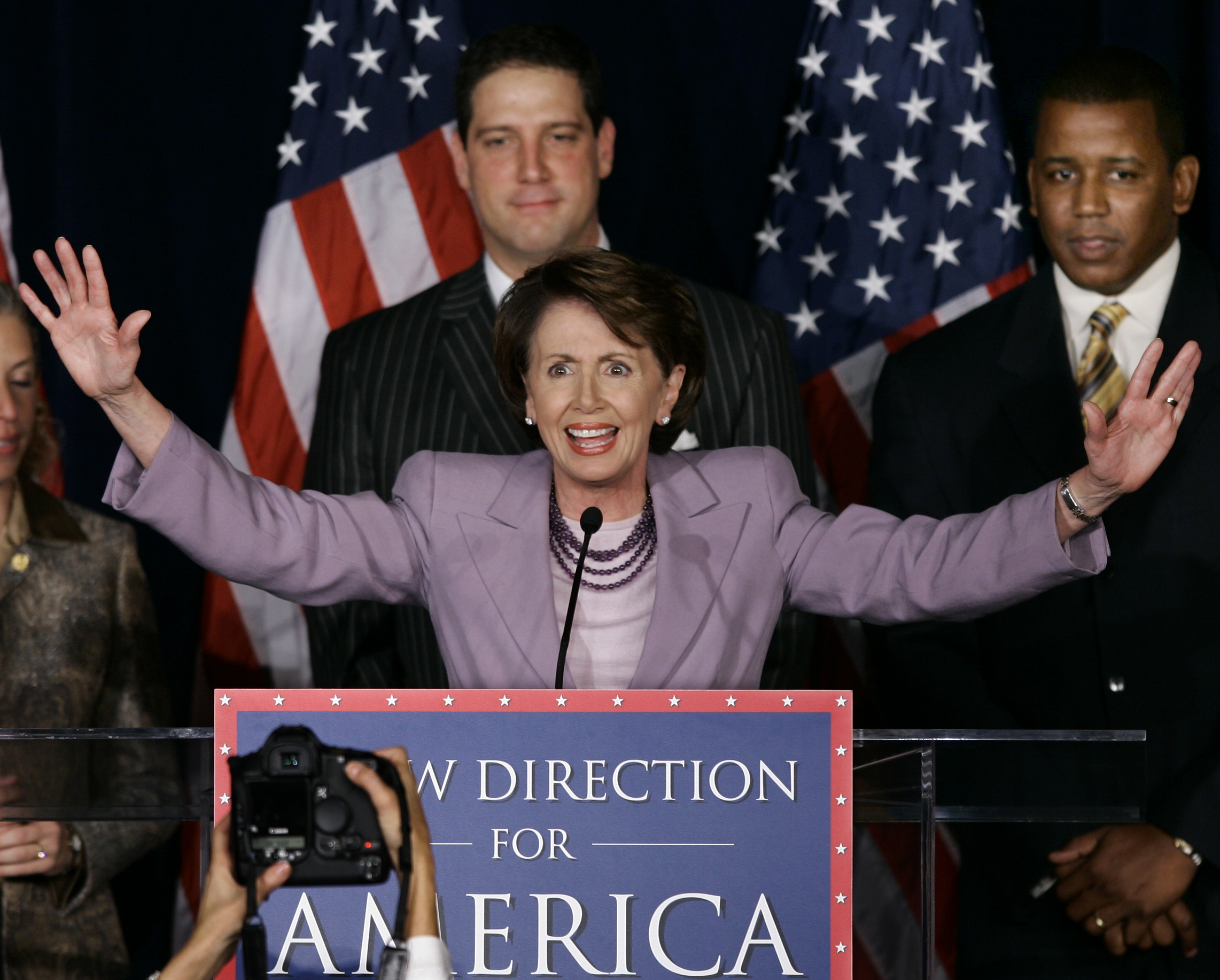 PHOTO: House Democratic Leader Rep. Nancy Pelosi fires up fellow Democrats at an election night rally at the Hyatt Regency Hotel near the Capitol in Washington,  Nov. 7, 2006.