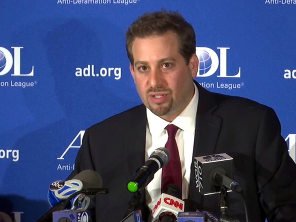 In this image taken from video, Oren Segal, Co-Director of the Anti-Defamation League's Center on Extremism, addresses the media at a news conference at ADL Headquarters in New York, Friday, March 3, 2017. 