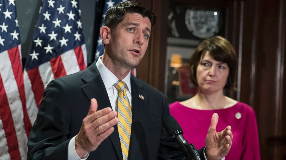 House Speaker Paul Ryan of Wis., with Rep. Cathy McMorris Rodgers, R-Wash., takes questions from reporters at the Republican National Committee Headquarters in Washington, May 17, 2017.