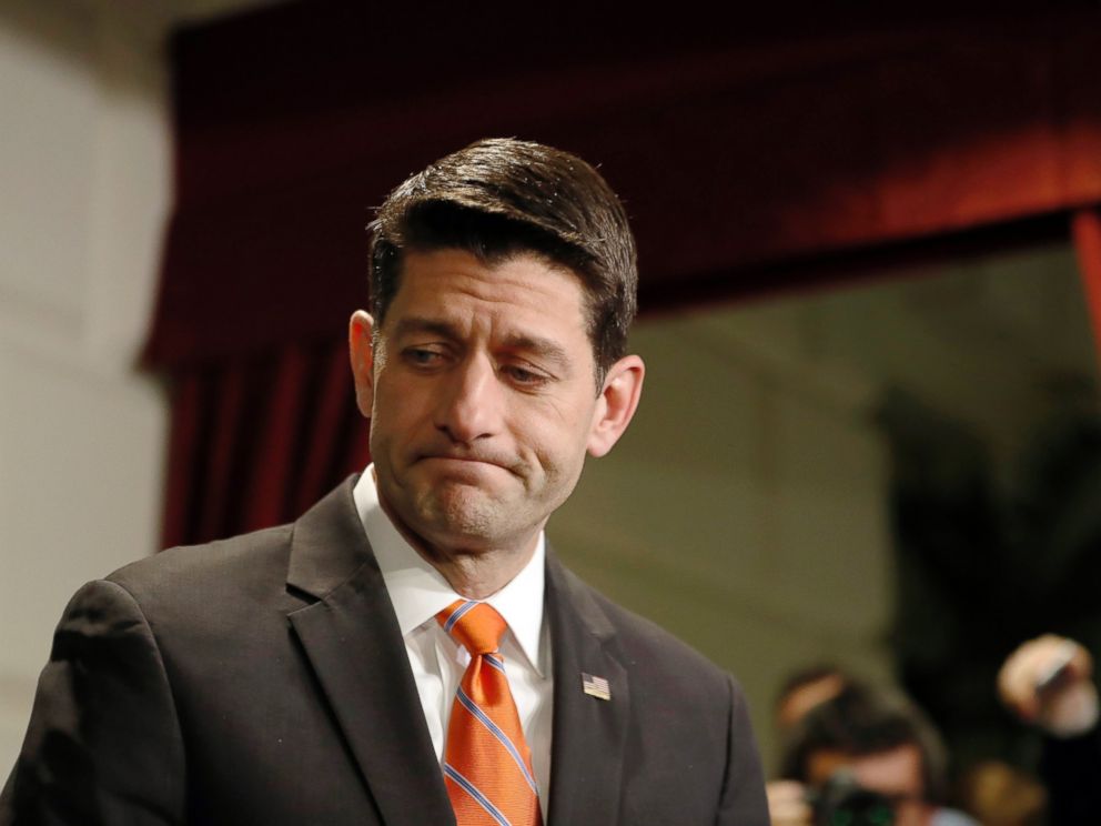PHOTO: House Speaker Paul Ryan departs after announcing the delay of the health care vote, March 23, 2017, on Capitol Hill in Washington, D.C.
