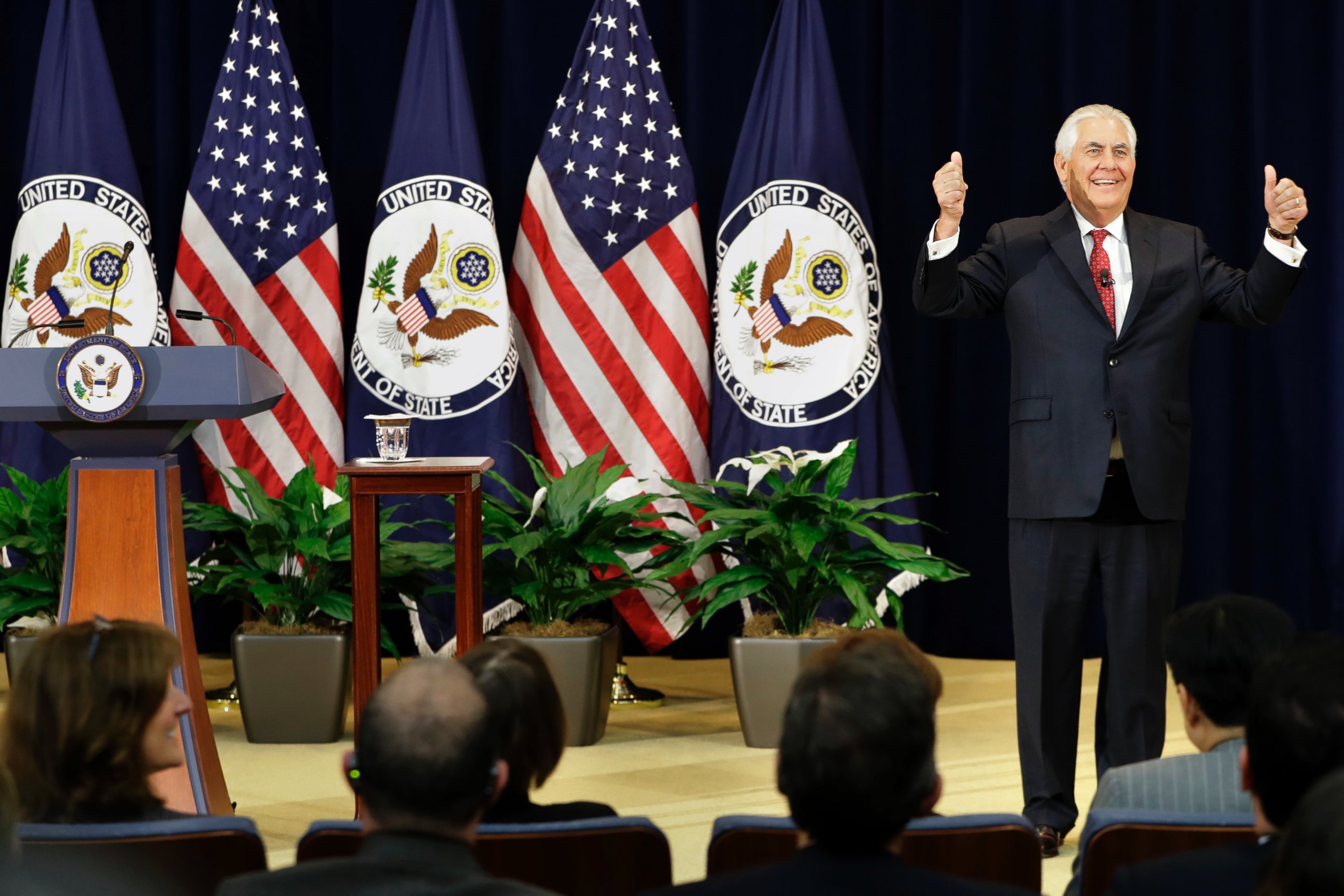 PHOTO: Secretary of State Rex Tillerson gives the thumbs-up as he arrives to speak to State Department employees, May 3, 2017, at the State Department in Washington.
