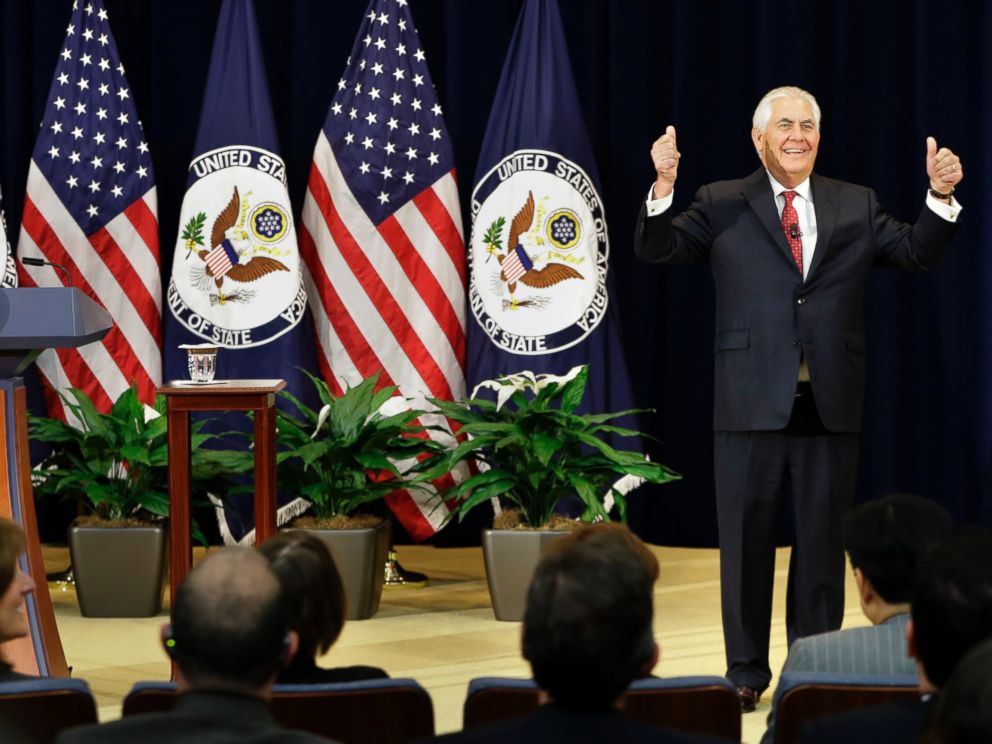 PHOTO: Secretary of State Rex Tillerson gives the thumbs-up as he arrives to speak to State Department employees, May 3, 2017, at the State Department in Washington.