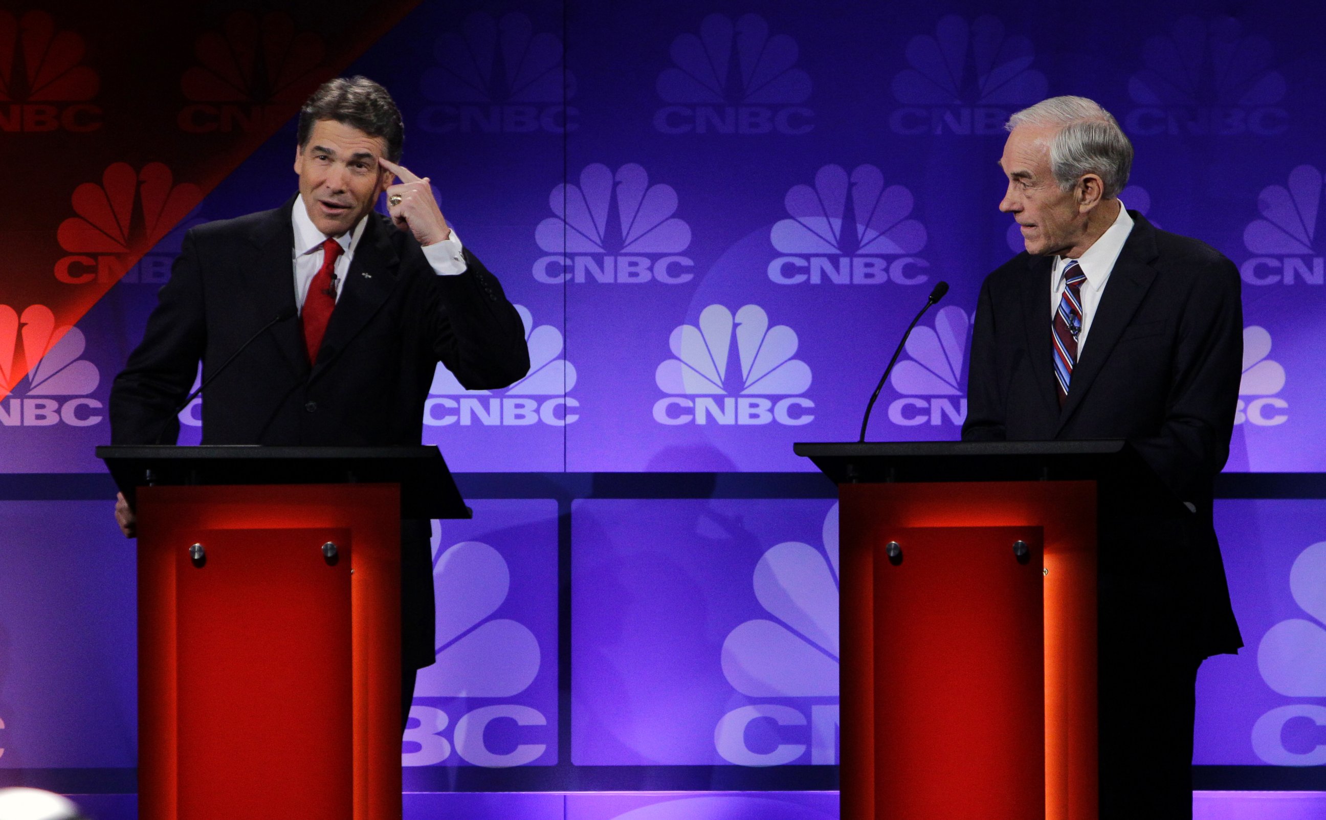 PHOTO: Republican presidential candidate Texas Gov. Rick Perry points his head as he speaks during a Republican Presidential Debate at Oakland University in Auburn Hills, Mich., Nov. 9, 2011.