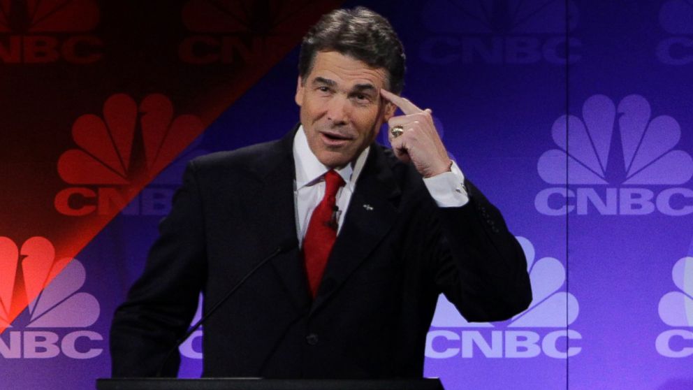 PHOTO: Republican presidential candidate Texas Gov. Rick Perry points his head as he speaks during a Republican Presidential Debate at Oakland University in Auburn Hills, Mich., Nov. 9, 2011.