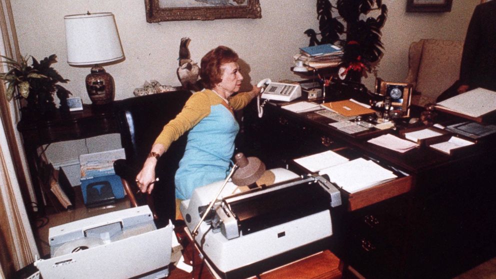PHOTO: Rose Mary Woods, President Richard Nixon's secretary at her White House desk, demonstrates the "Rose Mary Stretch" which could have resulted in the erasure of part of the Watergate tapes, 1973. 