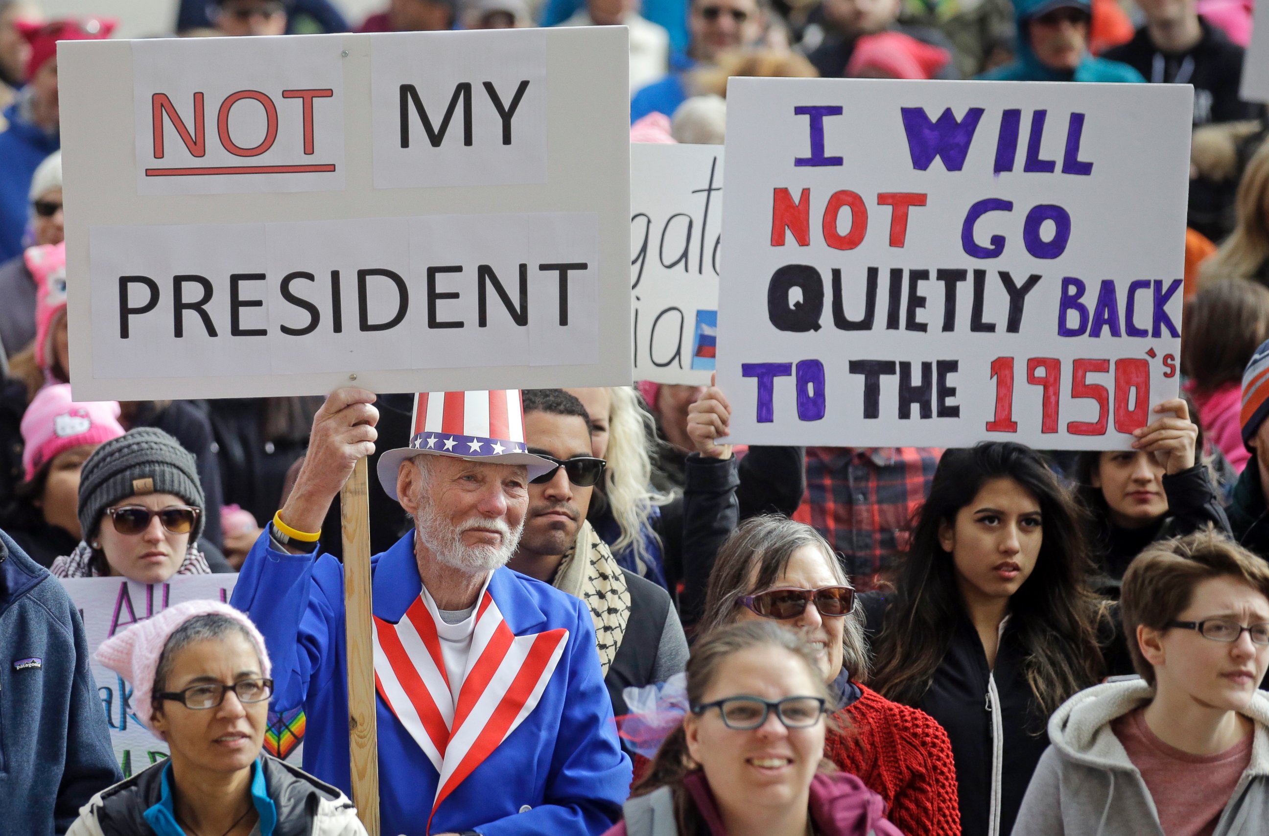 PHOTO: Demonstrators hold a rally, Feb. 20, 2017, in Salt Lake City. The rally is one of several Not My Presidents Day protests planned across the country to mark the Presidents Day holiday.  