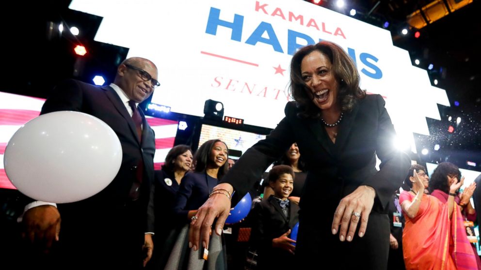 Senator-elect Attorney General Kamala Harris greets supporters at a election night rally, Nov. 9, 2016 in Los Angeles.