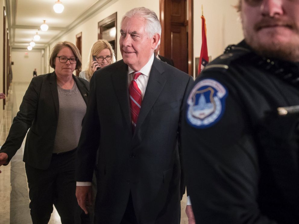 PHOTO: Secretary of State-designate Rex Tillerson arrives for a meeting with Sen. Chris Coons, D-Del., a member of the Senate Foreign Relations Committee which will conduct Tillersons confirmation hearing, Jan. 4, 2017, on Capitol Hill in Washington.
