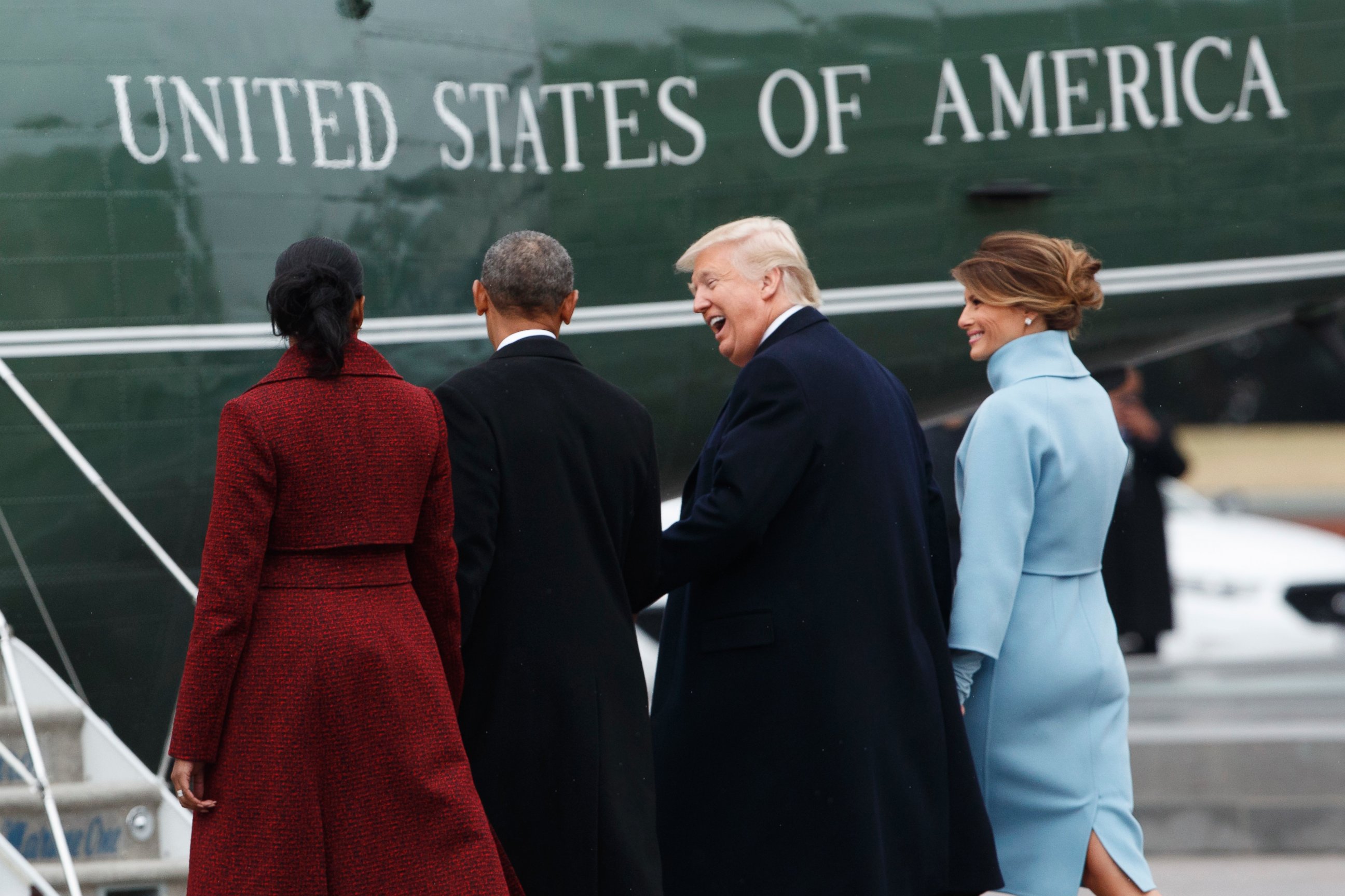PHOTO: President Donald Trump and first lady Melania Trump walk former President Barack Obama and Michelle Obama to a Marine helicopter during a departure ceremony on the East Front of the U.S. Capitol, Jan. 20, 2017, in Washington. 