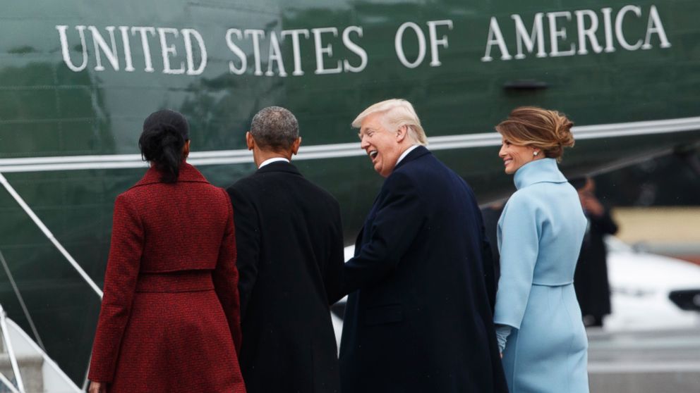 PHOTO: President Donald Trump and first lady Melania Trump walk former President Barack Obama and Michelle Obama to a Marine helicopter during a departure ceremony on the East Front of the U.S. Capitol, Jan. 20, 2017, in Washington. 