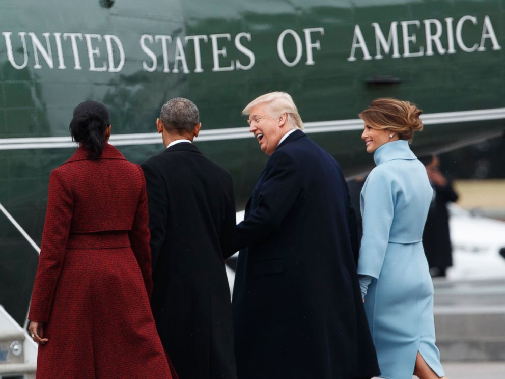 PHOTO: President Donald Trump and first lady Melania Trump walk former President Barack Obama and Michelle Obama to a Marine helicopter during a departure ceremony on the East Front of the U.S. Capitol, Jan. 20, 2017, in Washington.