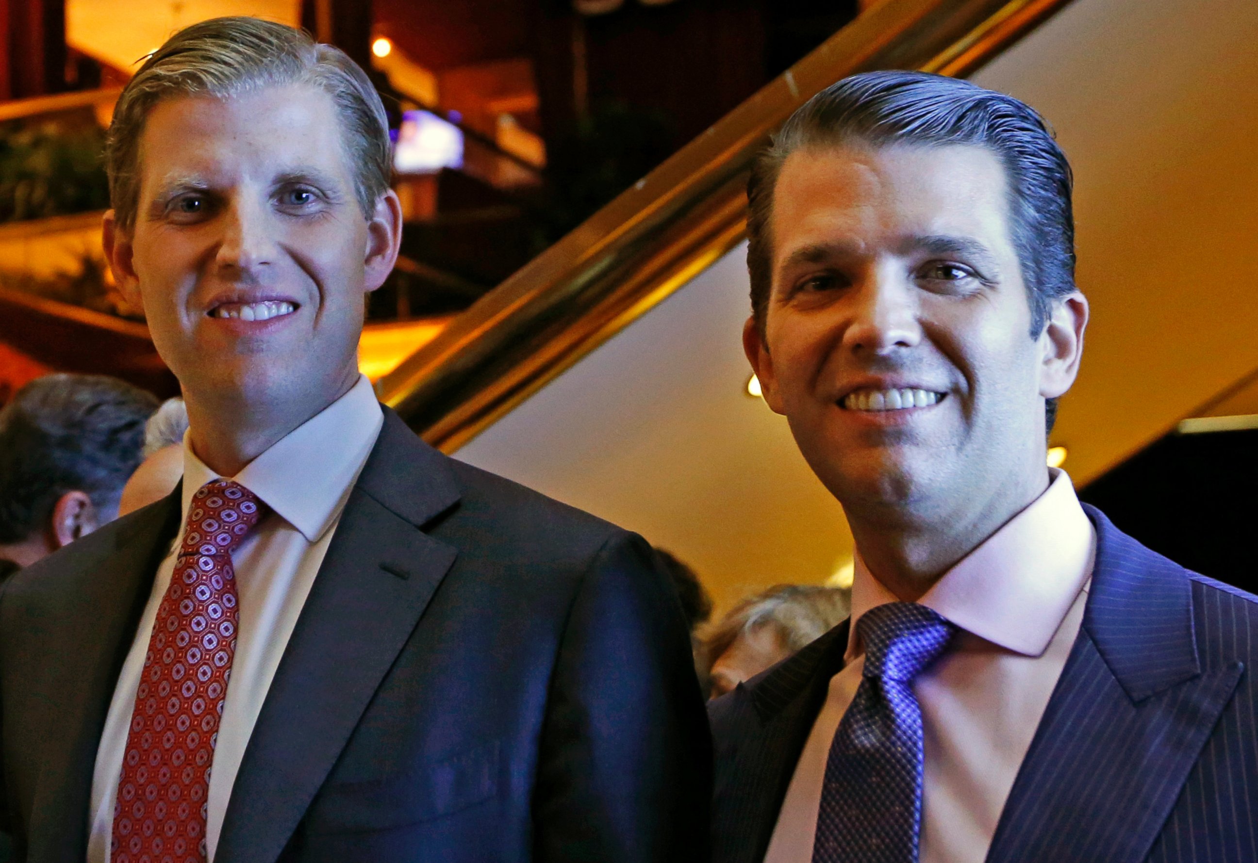 PHOTO: Eric Trump and Donald Trump Jr., executive vice presidents of The Trump Organization, pose for a photograph at an event for Scion Hotels, a division of Trump Hotels, June 5, 2017, in New York. 