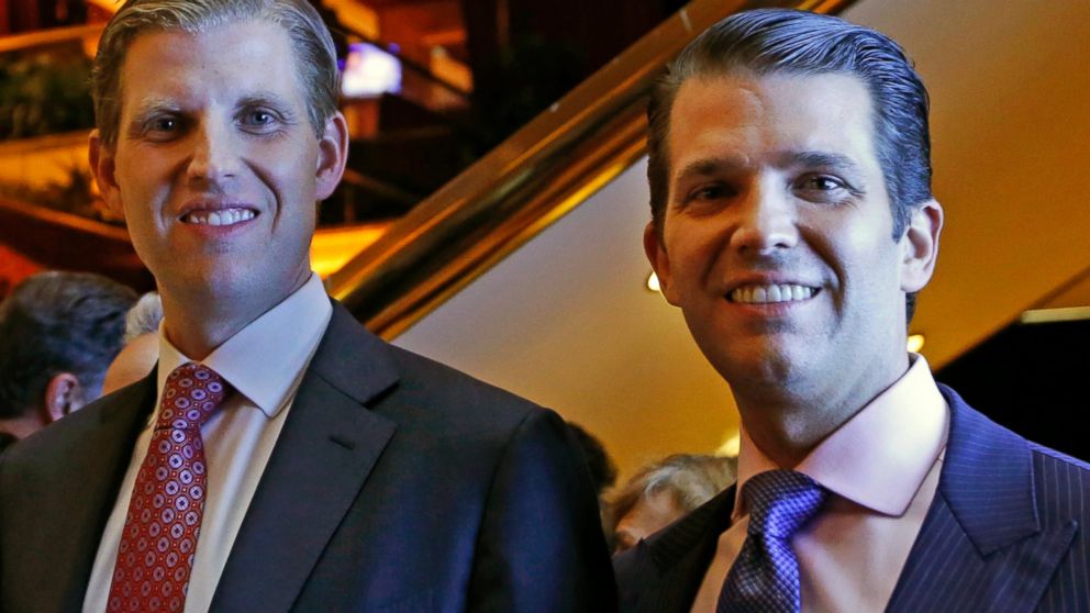PHOTO: Eric Trump and Donald Trump Jr., executive vice presidents of The Trump Organization, pose for a photograph at an event for Scion Hotels, a division of Trump Hotels, June 5, 2017, in New York. 