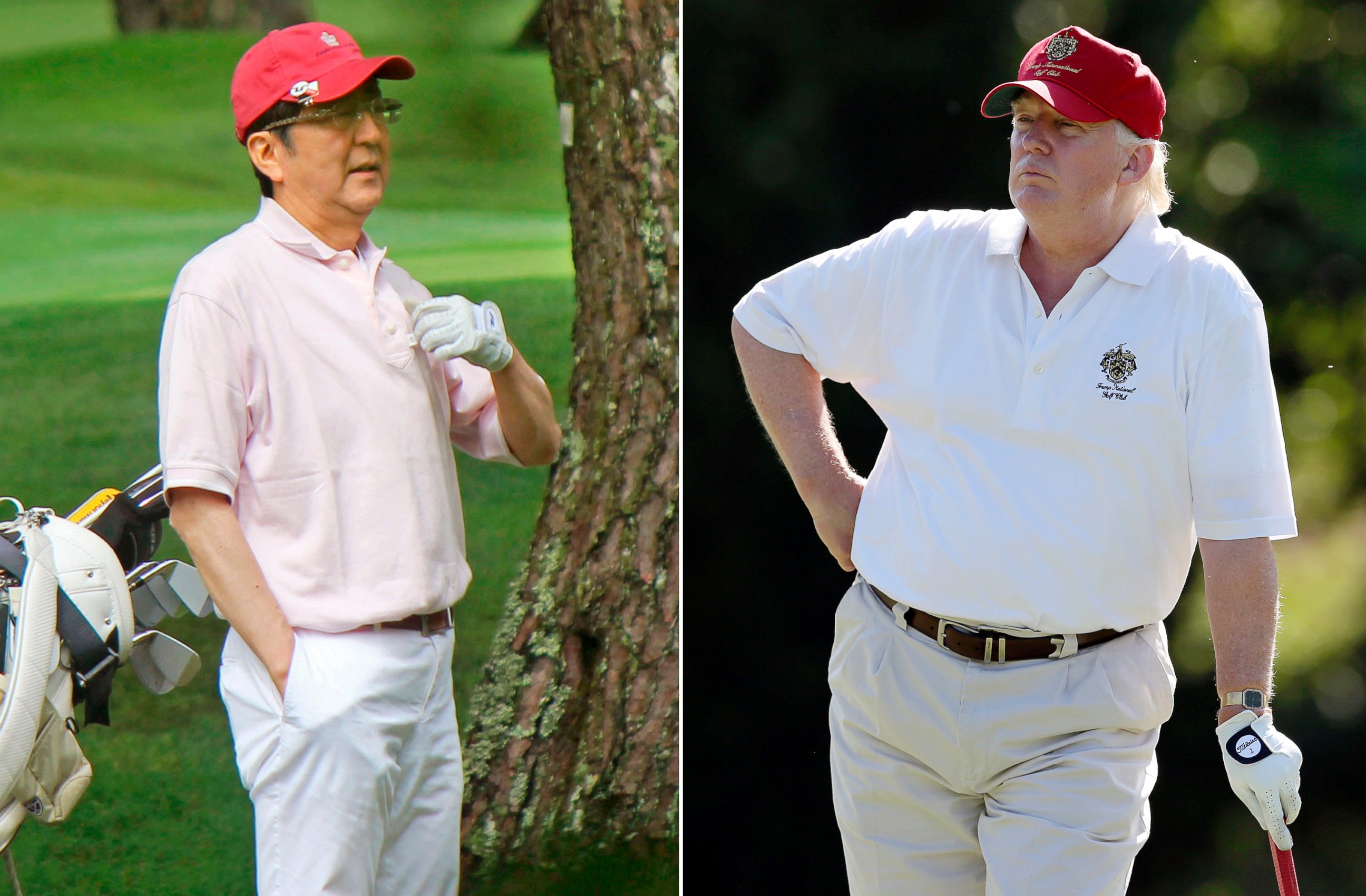 PHOTO: Donald Trump stands during a pro-am round of a golf tournament at Congressional Country Club in Bethesda, Md. on June 27, 2012, and Japanese Prime Minister Shinzo Abe playing golf in Yamanakako village, west of Tokyo, on July 23, 2016.