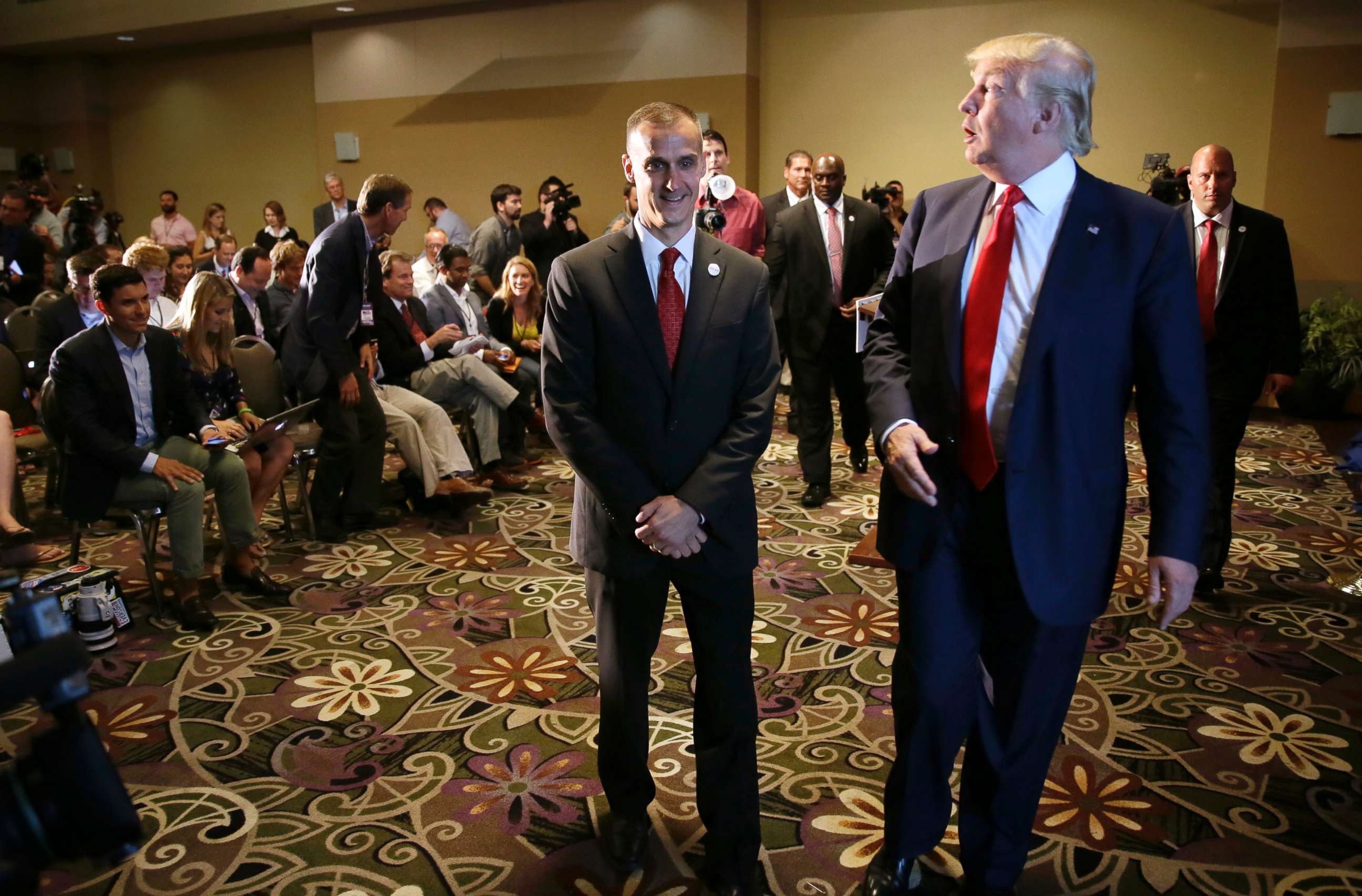 PHOTO: Republican presidential candidate Donald Trump leaves with his campaign manager Corey Lewandowski after giving a news conference in Dubuque, Iowa, Aug. 25, 2015. 