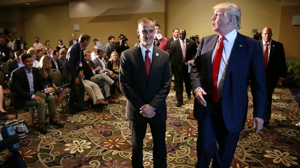 PHOTO: Republican presidential candidate Donald Trump leaves with his campaign manager Corey Lewandowski after giving a news conference in Dubuque, Iowa, Aug. 25, 2015. 