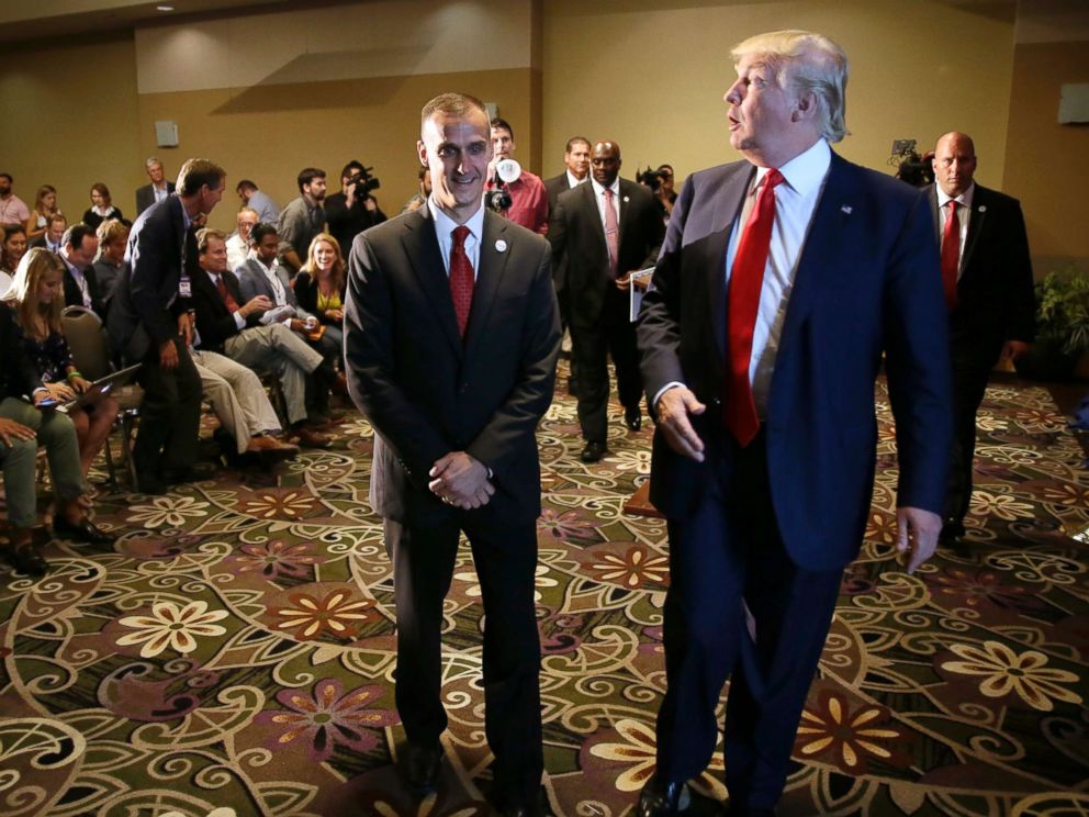 PHOTO: Republican presidential candidate Donald Trump leaves with his campaign manager Corey Lewandowski after giving a news conference in Dubuque, Iowa, Aug. 25, 2015.