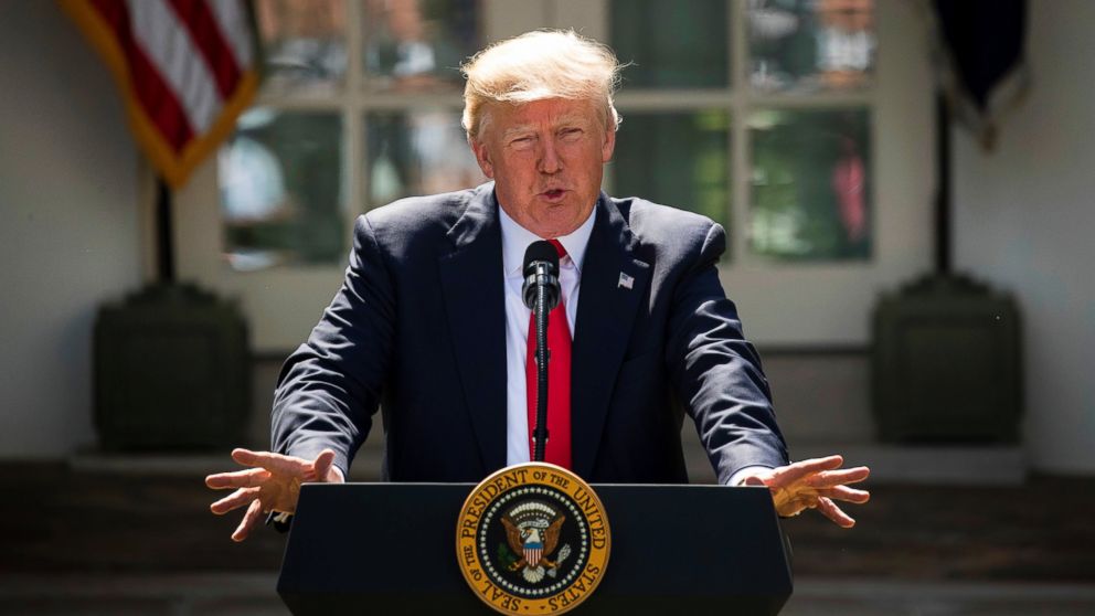 President Donald Trump speaks about the U.S. role in the Paris climate change accord, June 1, 2017, in the Rose Garden of the White House. 
