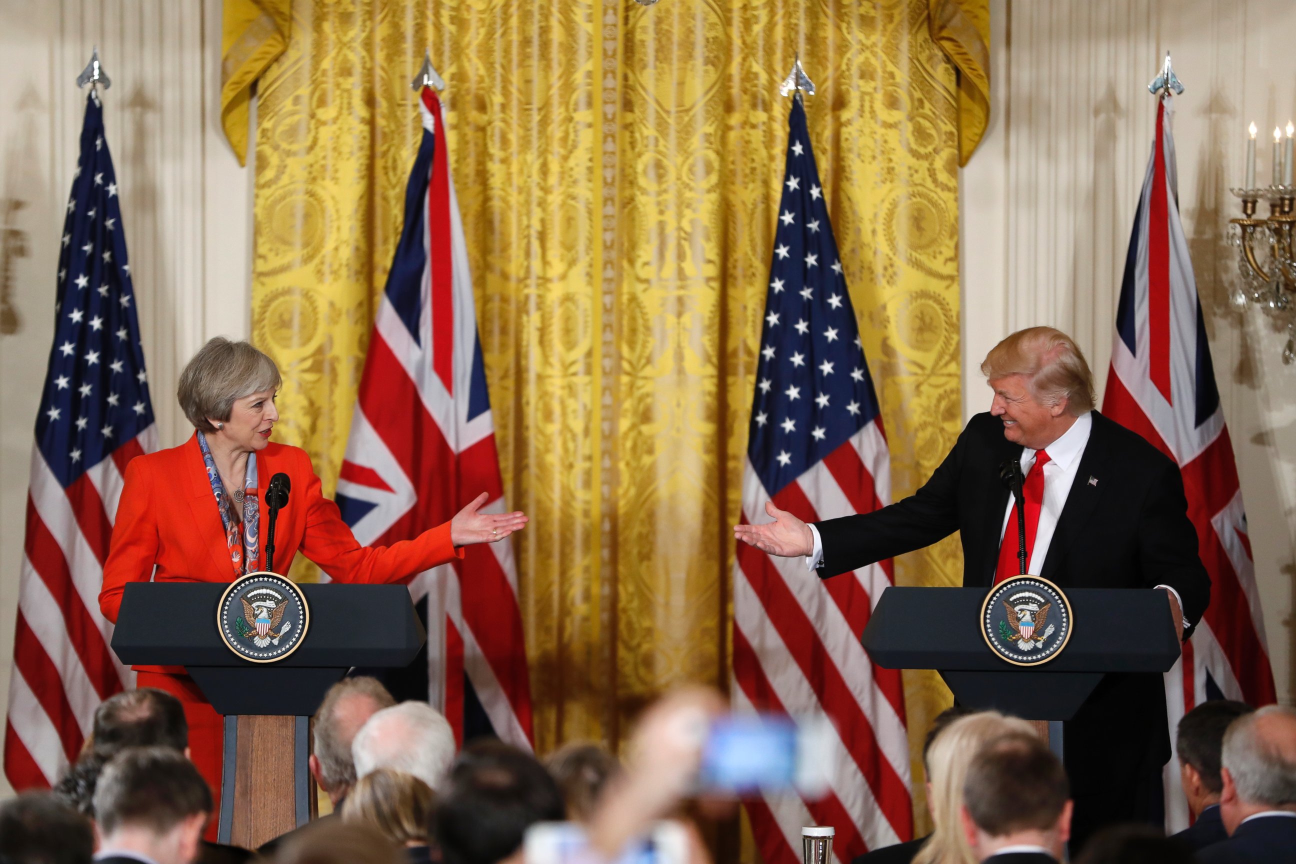 PHOTO: President Donald Trump and British Prime Minister Theresa May participate in a news conference in the East Room of the White House in Washington, Jan. 27, 2017.