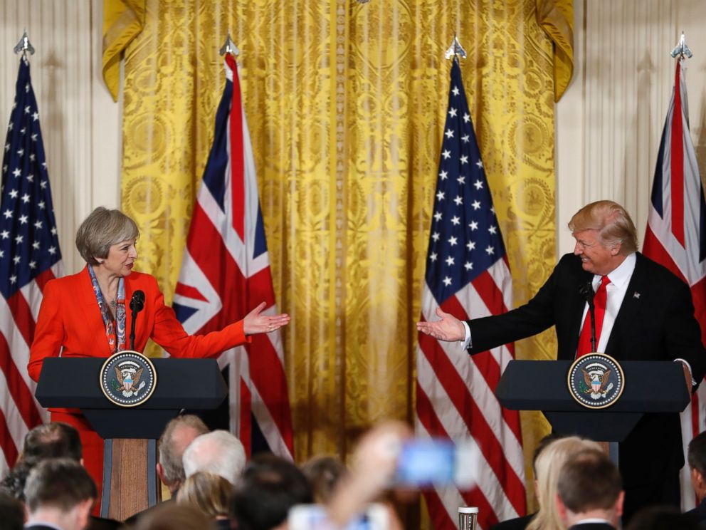 PHOTO: President Donald Trump and British Prime Minister Theresa May participate in a news conference in the East Room of the White House in Washington, Jan. 27, 2017.