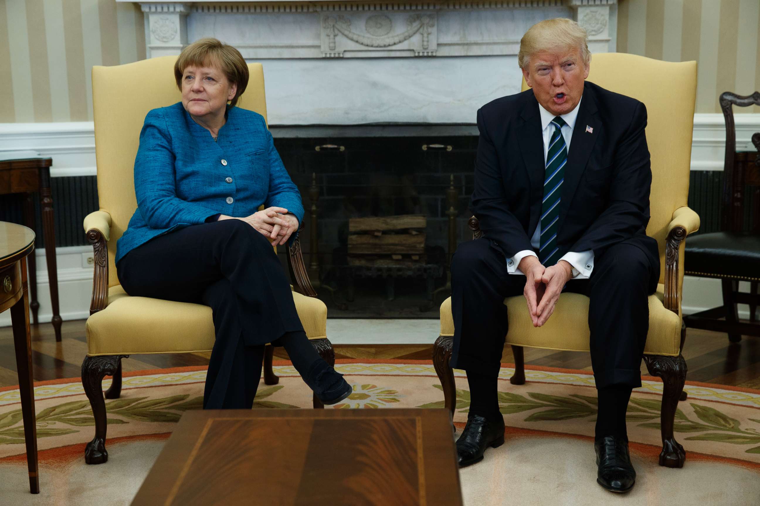PHOTO: President Donald Trump meets with German Chancellor Angela Merkel in the Oval Office of the White House in Washington, March 17, 2017.
