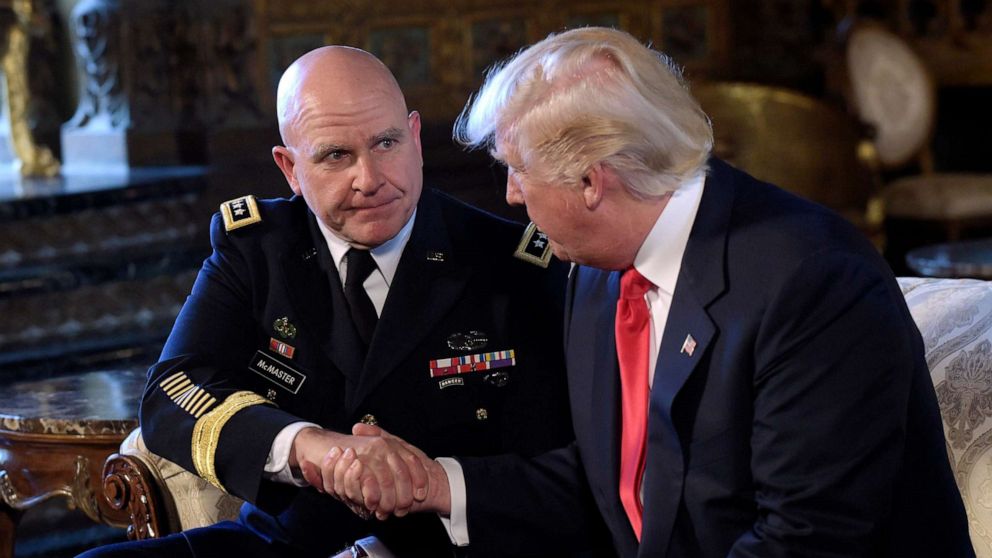 PHOTO: President Donald Trump shakes hands with Army Lt. Gen. H.R. McMaster at Trump's Mar-a-Lago estate in Palm Beach, Fla., Feb. 20, 2017, after choosing McMaster to be the new national security adviser.
