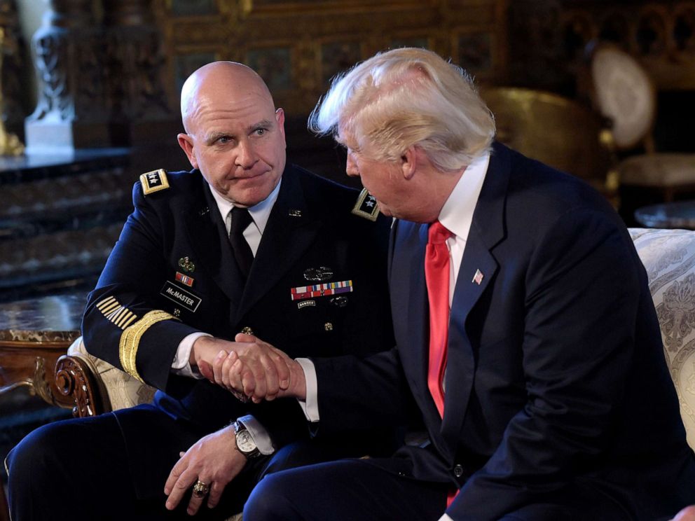 PHOTO: President Donald Trump shakes hands with Army Lt. Gen. H.R. McMaster at Trump's Mar-a-Lago estate in Palm Beach, Fla., Feb. 20, 2017, after choosing McMaster to be the new national security adviser.