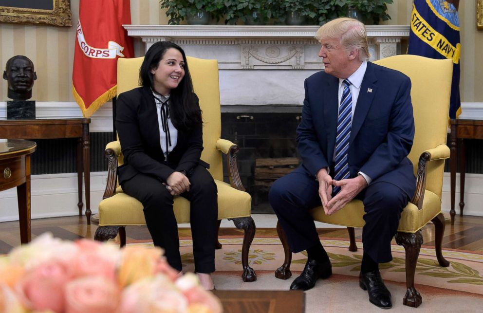 PHOTO: President Donald Trump meets with Aya Hijazi, an Egyptian-American aid worker, in the Oval office of the White House, April 21, 2017.