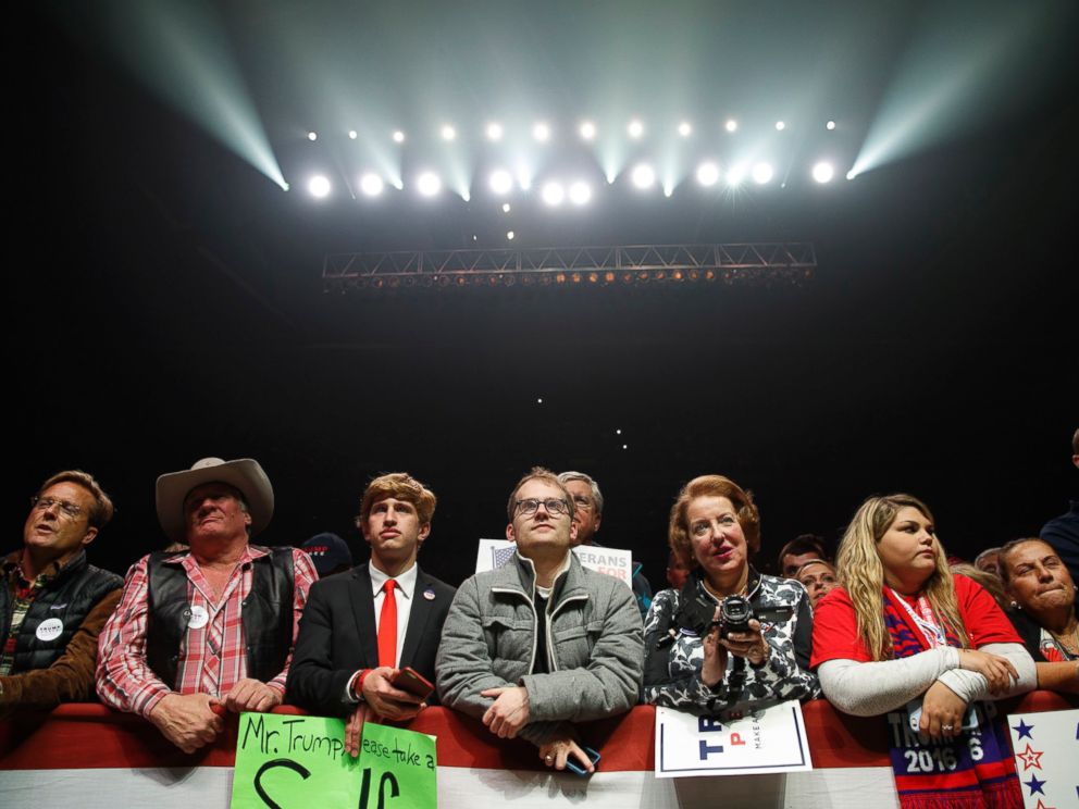 PHOTO: Supporters of Donald Trump listen to him speak during a campaign rally, Nov. 7, 2016, in Manchester, N.H.