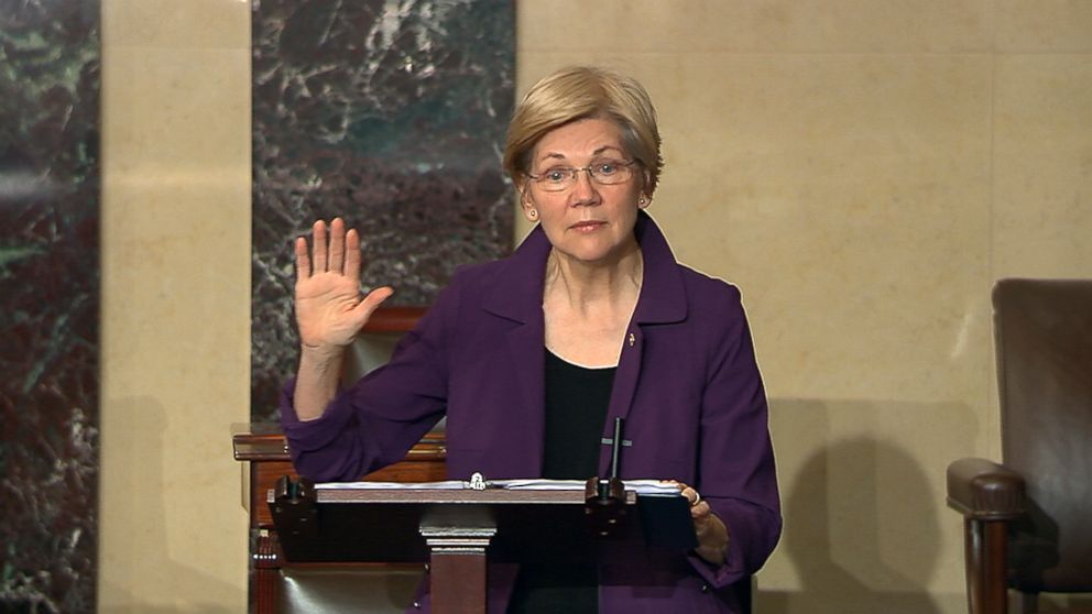 PHOTO: In this image from Senate Television, Sen. Elizabeth Warren, D-Mass., speaks on the floor of the U.S. Senate in Washington, Feb. 6, 2017, about the nomination of Betsy DeVos to be Education Secretary. 