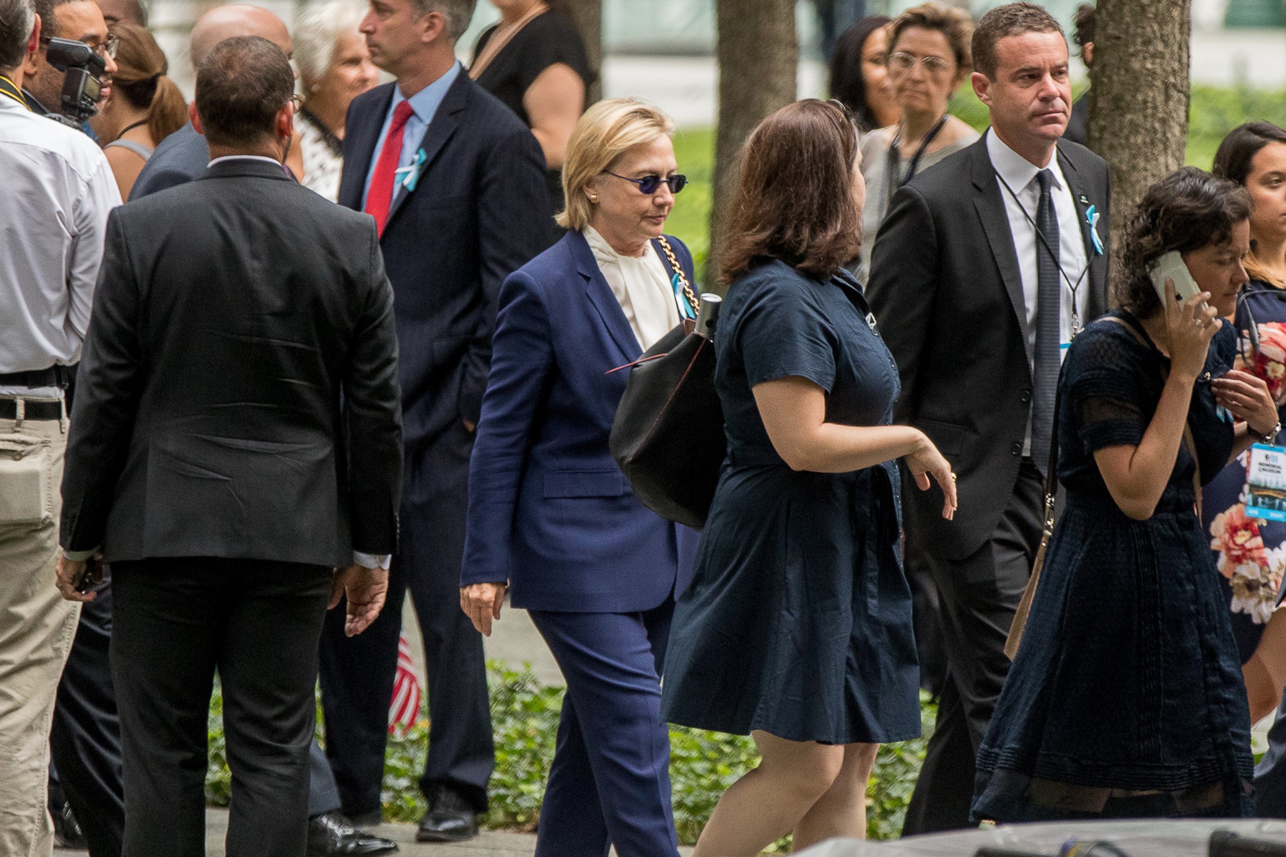 PHOTO: Democratic presidential candidate Hillary Clinton arrives to attend a ceremony at the National September 11 Memorial, in New York, Sunday, Sept. 11, 2016, on the 15th anniversary of the Sept. 11 attacks.