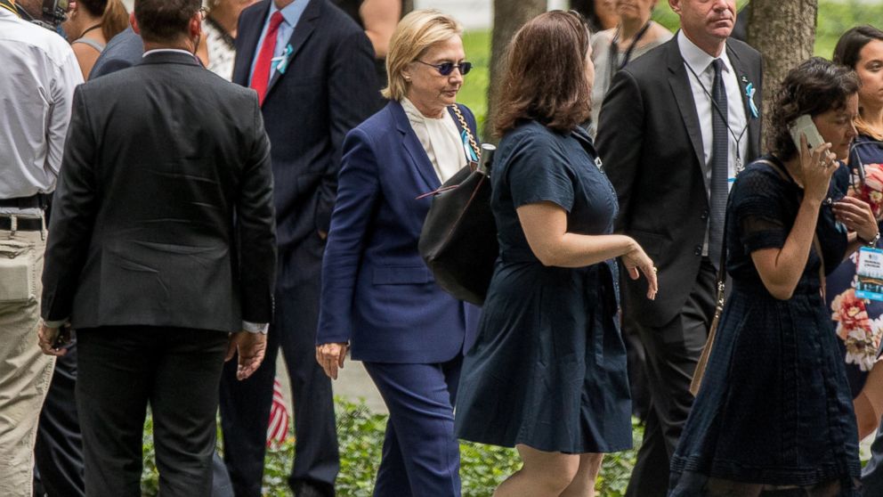 Democratic presidential candidate Hillary Clinton arrives to attend a ceremony at the National September 11 Memorial, in New York, Sept. 11, 2016, on the 15th anniversary of the Sept. 11 attacks. 