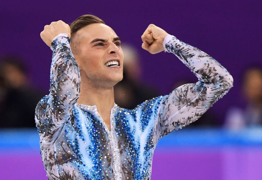 PHOTO: Adam Rippon of the United States reacts after his performance in the men's single skating free skating in the Gangneung Ice Arena at the 2018 Winter Olympics in Gangneung, South Korea, Monday, Feb. 12, 2018. 