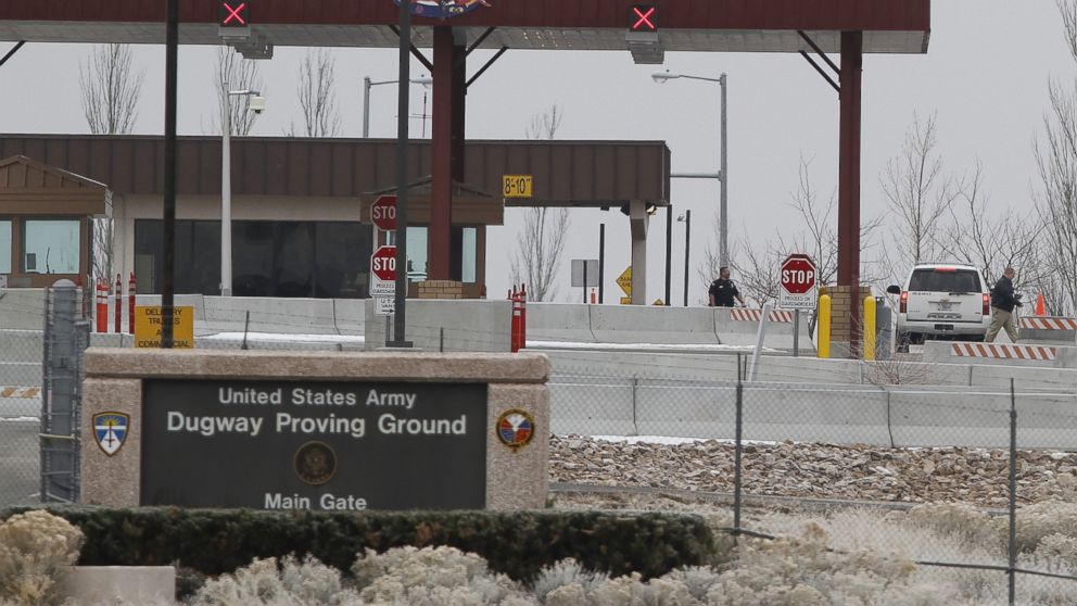 A Jan. 27, 2010 file photo shows the main gate at Dugway Proving Ground military base, about 85 miles southwest of Salt Lake City, Utah. A Pentagon spokesman said suspected live anthrax samples were shipped from Dugway Proving Ground using a commercial delivery service.