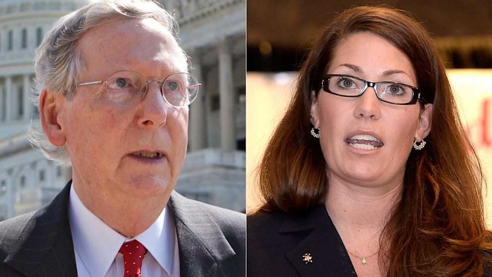 Senate Minority Leader Mitch McConnell, left, is seen in Washington, DC on July 23, 2013, while his opponent for the Kentucky Senate seat, Kentucky Secretary of State Allison Lundergan-Grimes, is seen at right on July 18, 2013 in Louisville, Kentucky. 