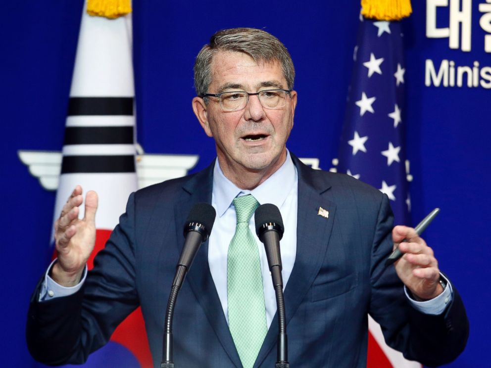 PHOTO: U.S. Defense Secretary Ash Carter during a joint news conference with South Korean Defense Minister Han Min Koo after the 47th Security Consultative Meeting at Defense Ministry on Nov. 2, 2015. in Seoul, South Korea.